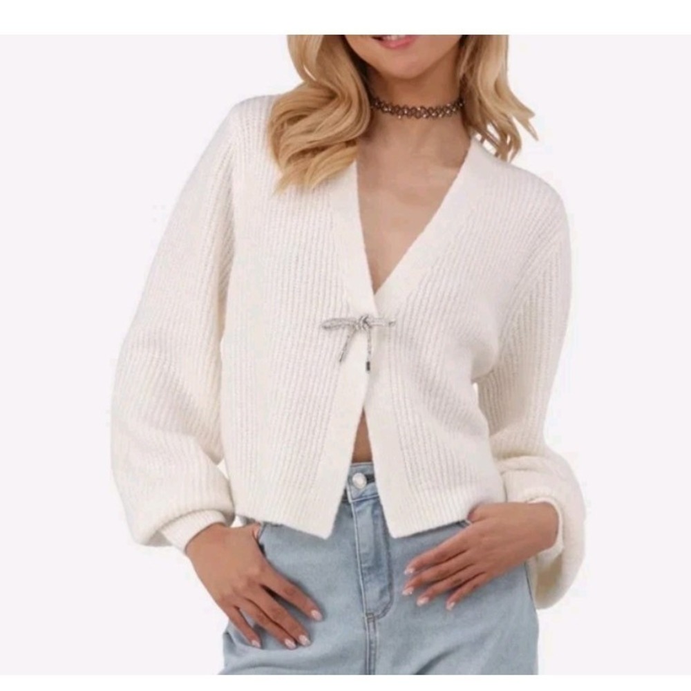 No Boundaries Women Rhinestone Bow Cardigan Sweater Cream Soft Cropped Medium